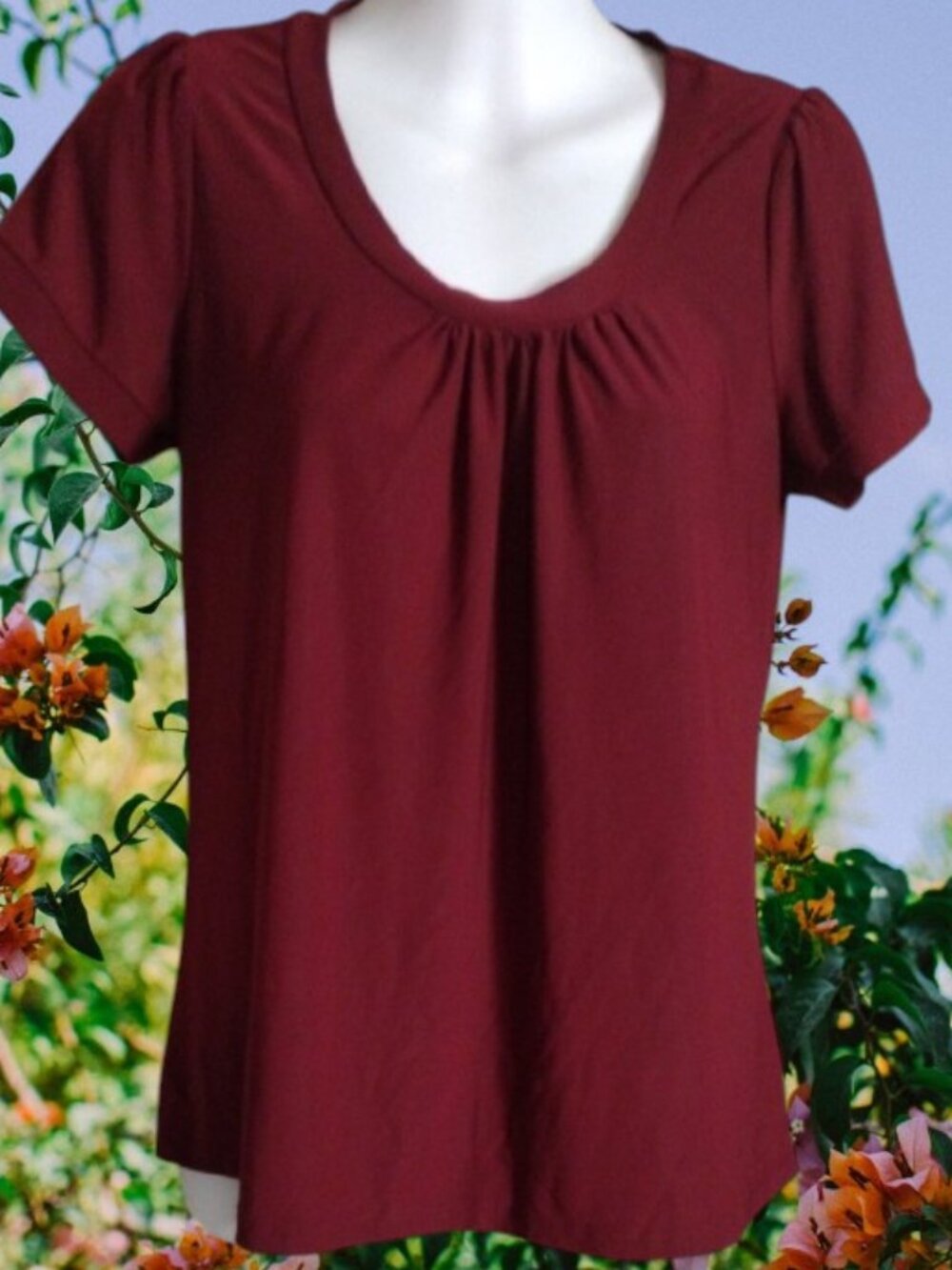 Women's Scoop Neck Short Sleeve Top in Burgundy